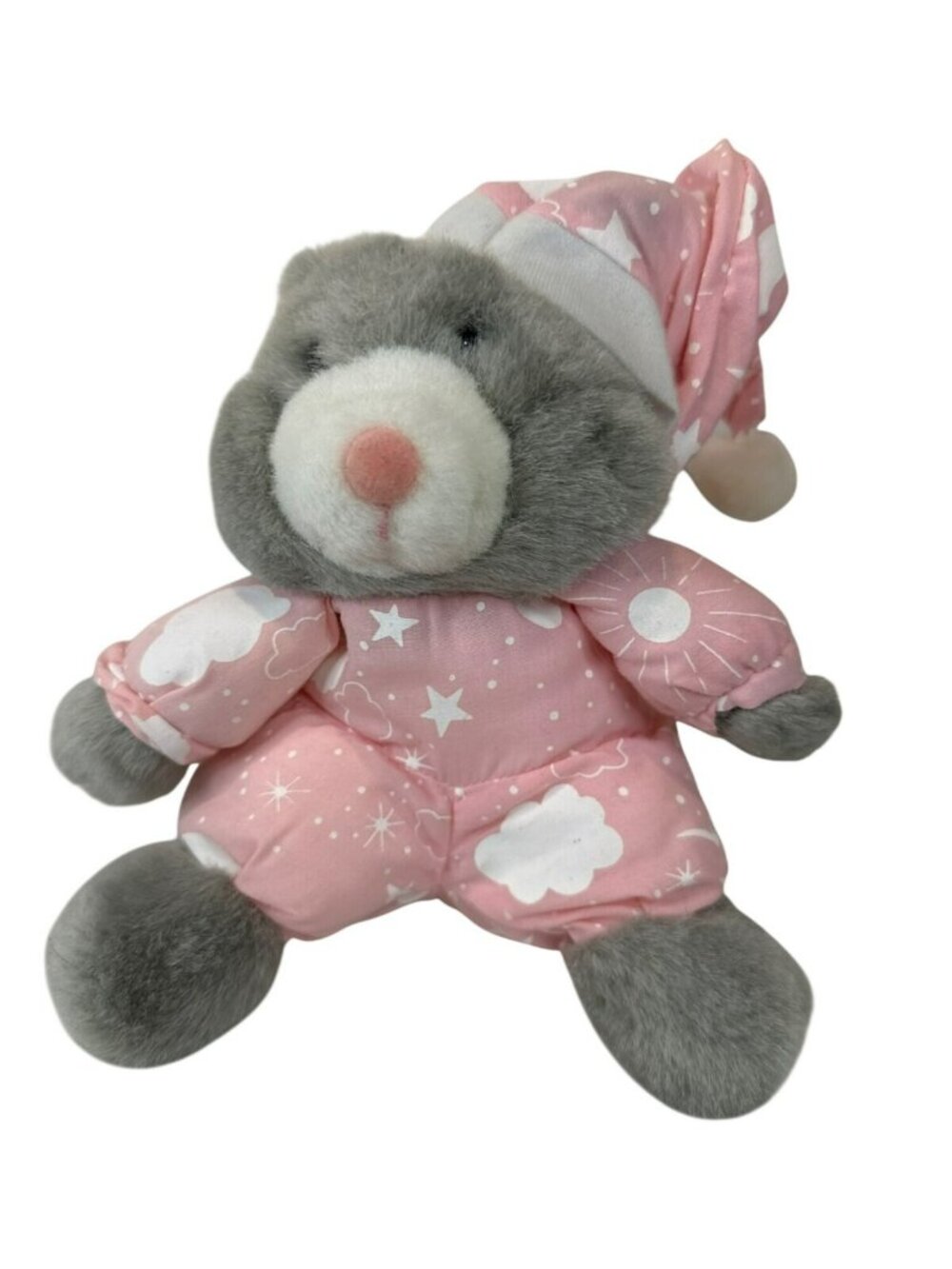 VTG House of Lloyd Gray Mouse Plush Pink Pajamas Nightcap Star Print 80s 90s